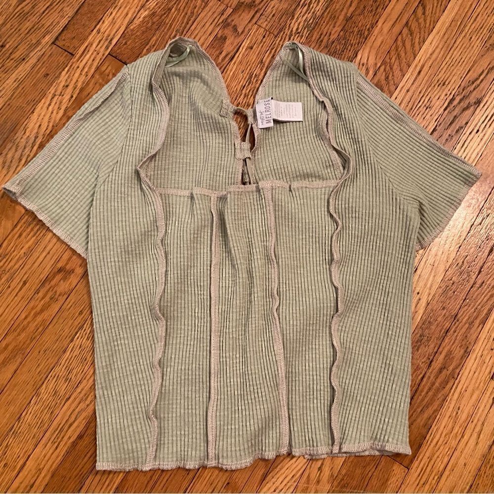 West of Melrose mint green ribbed short sleeve lace up back top